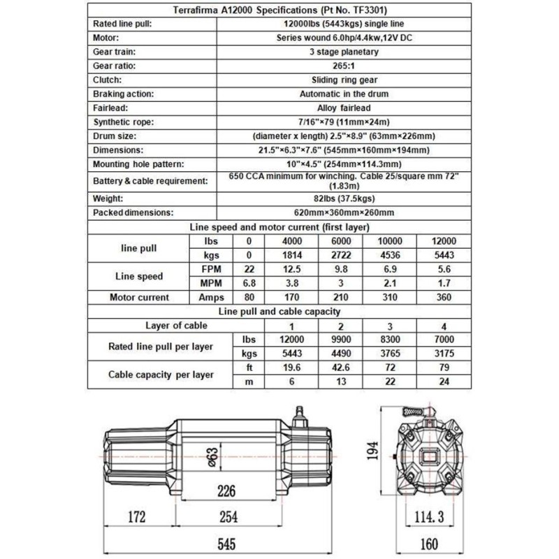 Terrafirma A12000lbs winch - rope - wireless